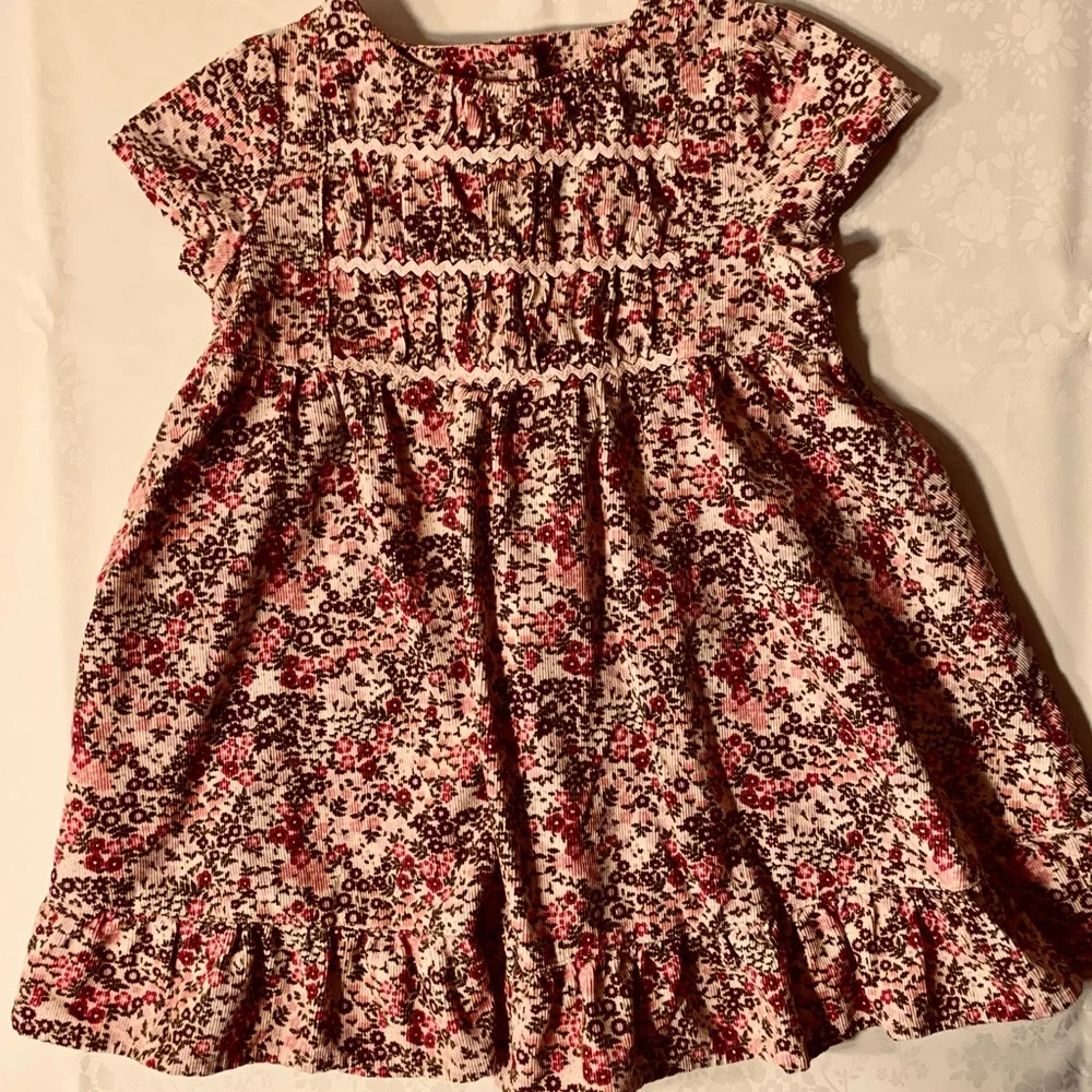 EUC Bundle: Lightweight Pink Floral Smocked Corduroy Dress, Bonus Striped Tee